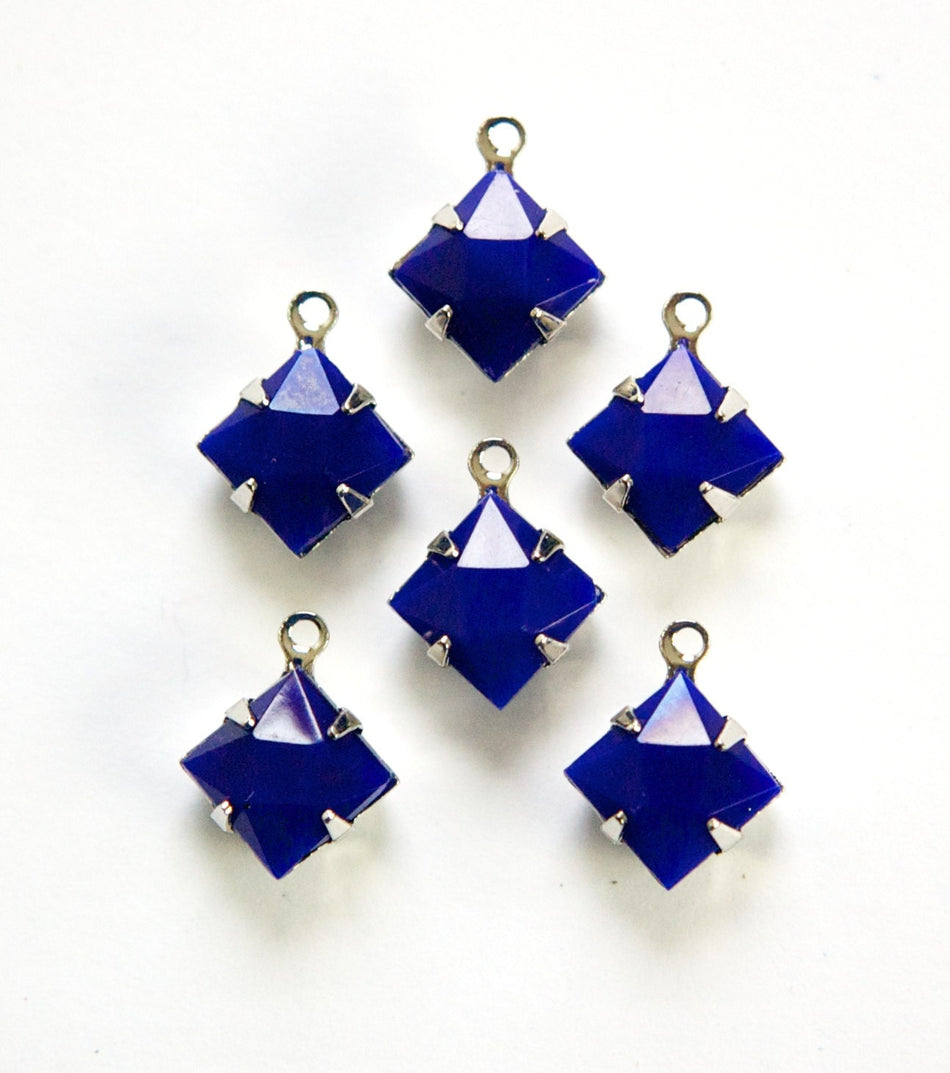 Opaque Blue Faceted Square Glass Stones 1 Loop Silver Setting 8mm squ008G
