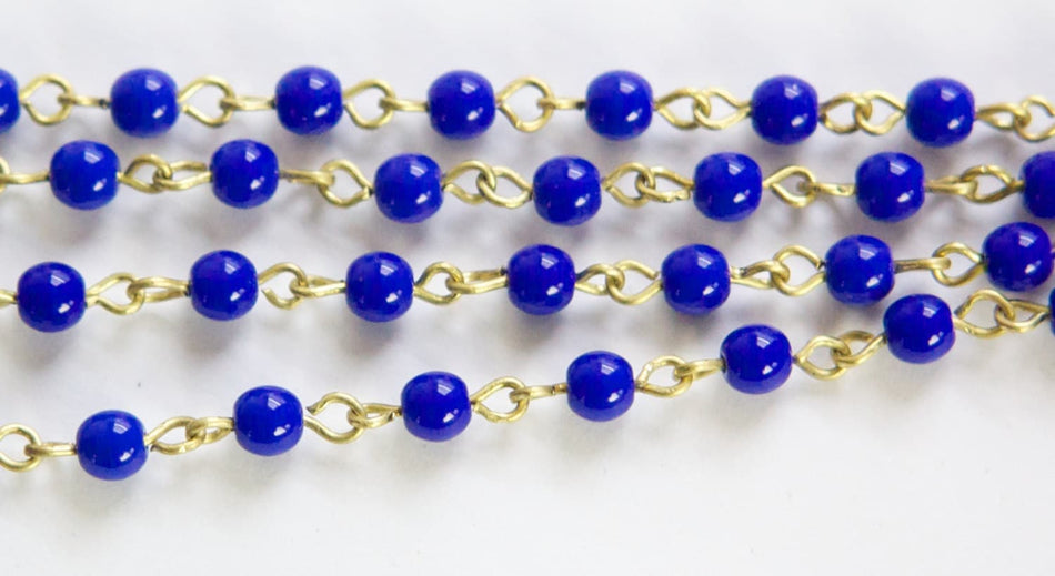 Opaque Blue Czech Glass Beaded Chain Raw Brass Links 4mm chn147