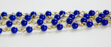 Opaque Blue Czech Glass Beaded Chain Raw Brass Links 4mm chn147