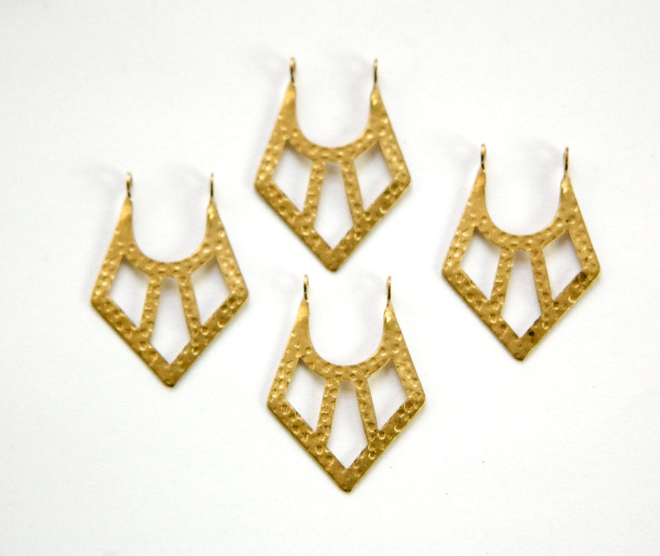 2 Loop Raw Brass Hammered V Pendants Drops (6) 24x18mm mtl182B