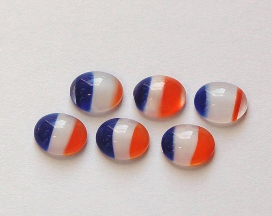 Vintage Blue White and Reddish Orange Glass Cabochons 10x8mm (6) cab576G