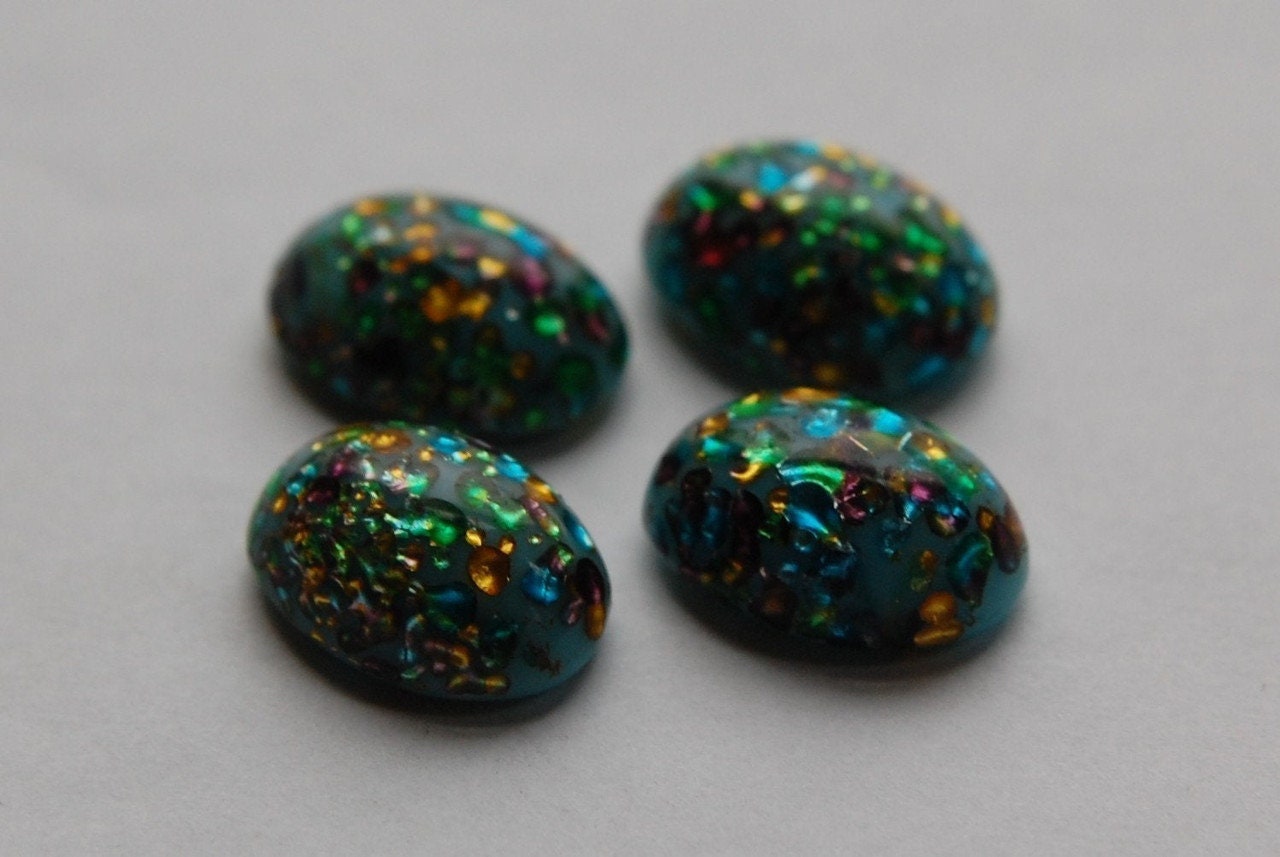 Blue Glass Cabochons with Rainbow Foil Inclusions 18x13mm (4) cab508A