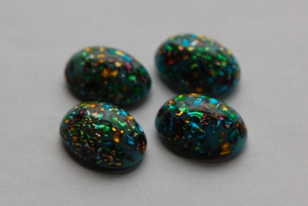 Blue Glass Cabochons with Rainbow Foil Inclusions 18x13mm (4) cab508A