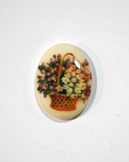 Vintage Glass Cabochon Basket of Flowers 25x18mm cab680G