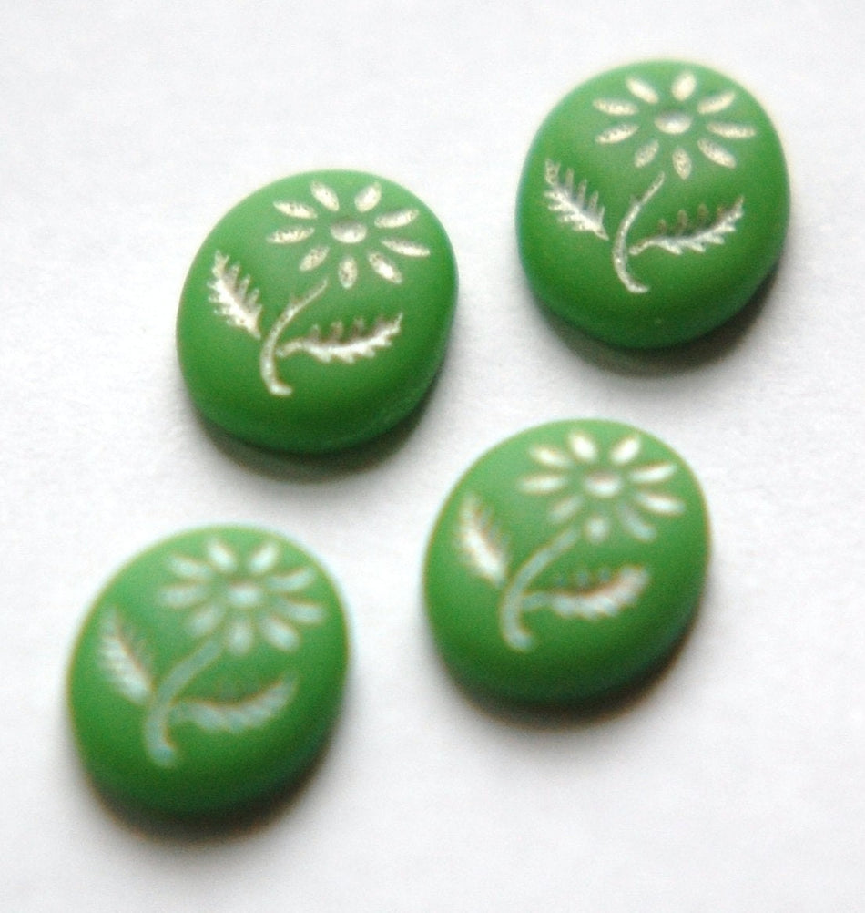 Vintage Green Glass with White Etched Flower Cabochon (4) cab576X