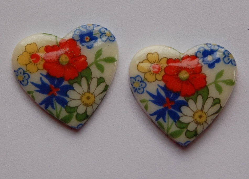 Vintage Colorful Floral Glass Heart Cabochons Japan cab609B