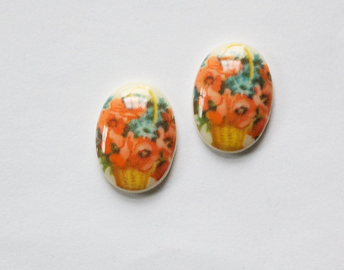Vintage Glass Cabochon Basket of Flowers Poppies 18x13mm cab680M