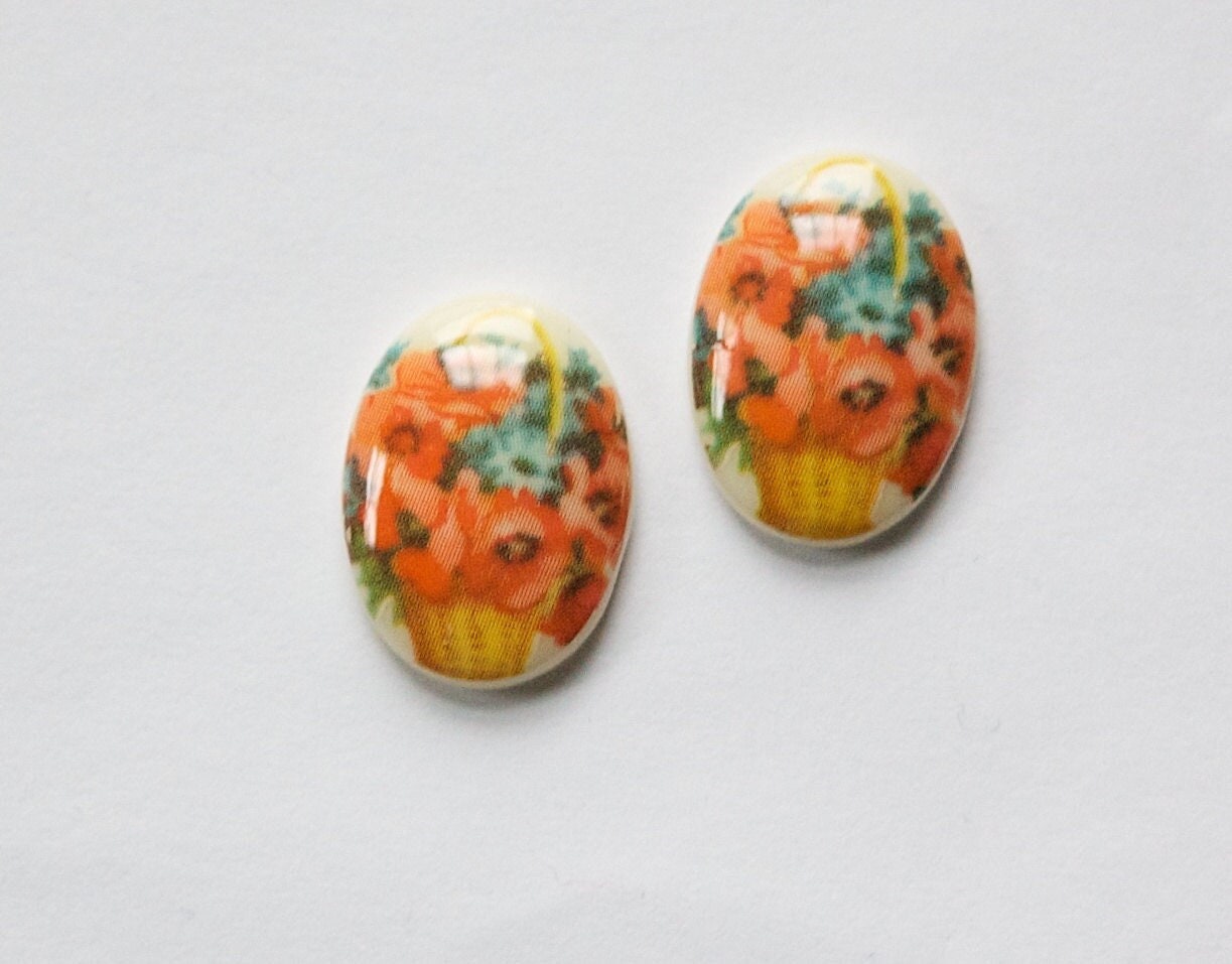 Vintage Glass Cabochon Basket of Flowers Poppies 18x13mm cab680M