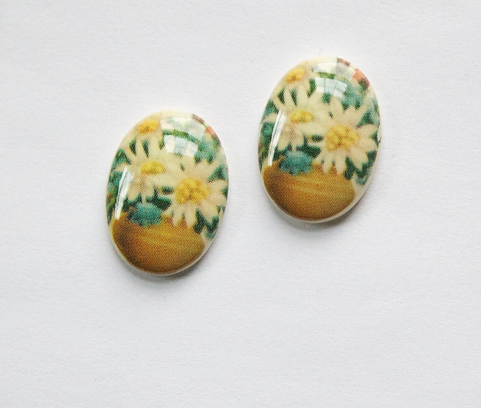 Vintage Glass Cabochon Basket of Flowers Daisy 18x13mm cab680P