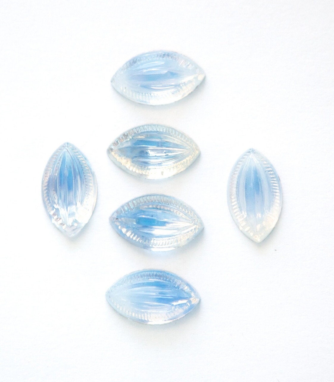 Vintage Blue Givre Etched Glass Cabochons Germany 13mm X 8mm (6) cab519B