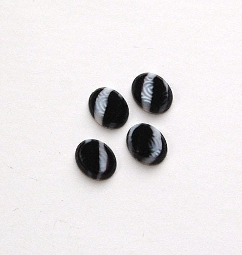 Vintage Black Purple with White Glass Cabochons 10mm x 8mm (6) cab576D