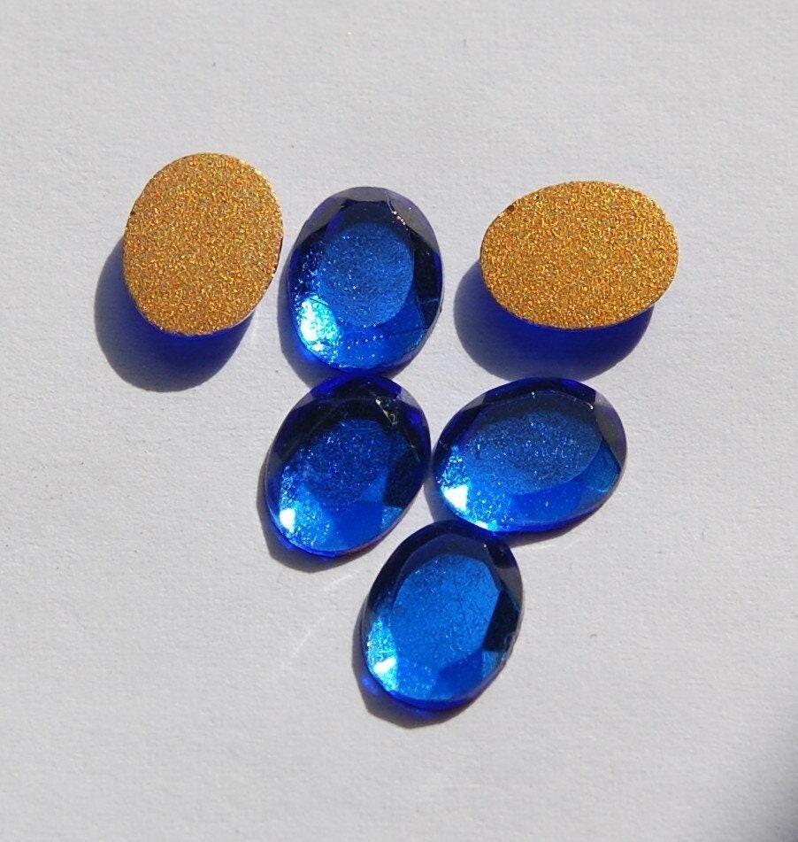 Vintage Sapphire Blue Faceted Glass Cabochons 8mm x 6mm cab575A