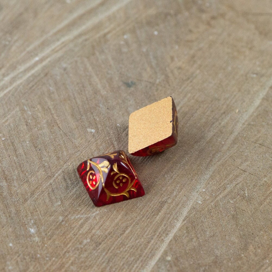 12mm Ruby Red Glass Etched with Gold Pyramid Cabochons (2) cab580A