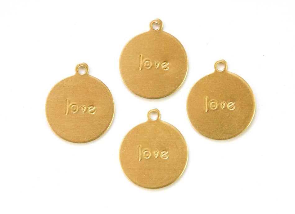 LOVE Round Raw Brass Word Charm Drop with Loop (8) chr192E