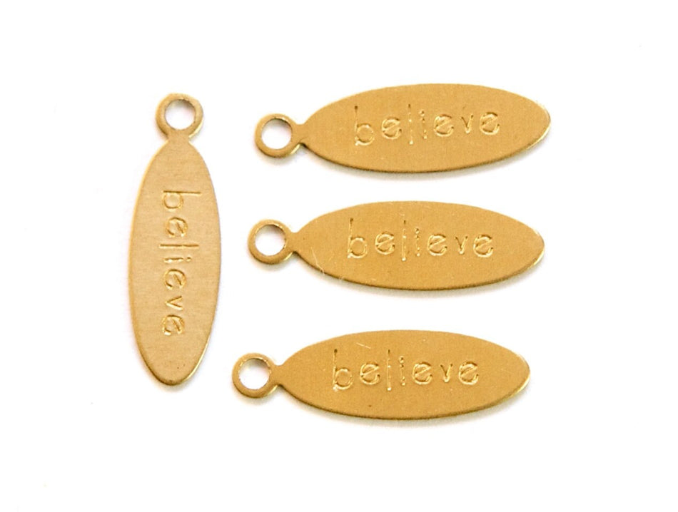 BELIEVE Oval Raw Brass Word Charm Drop with Loop (8) chr191J