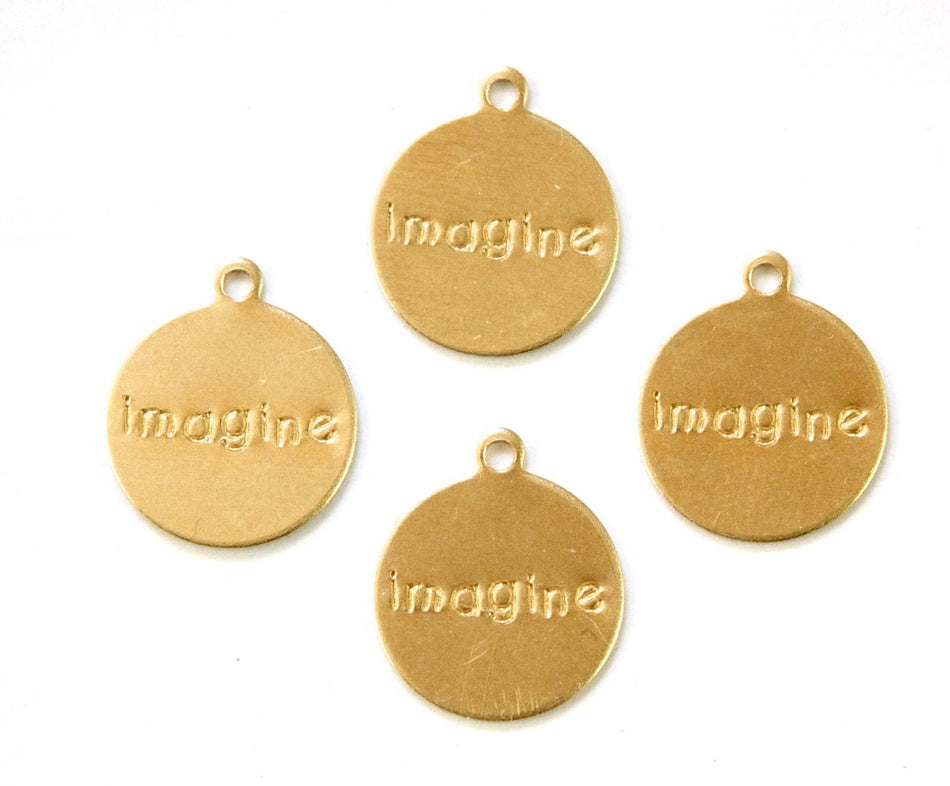IMAGINE Round Raw Brass Word Charm Drop with Loop (8) chr192P