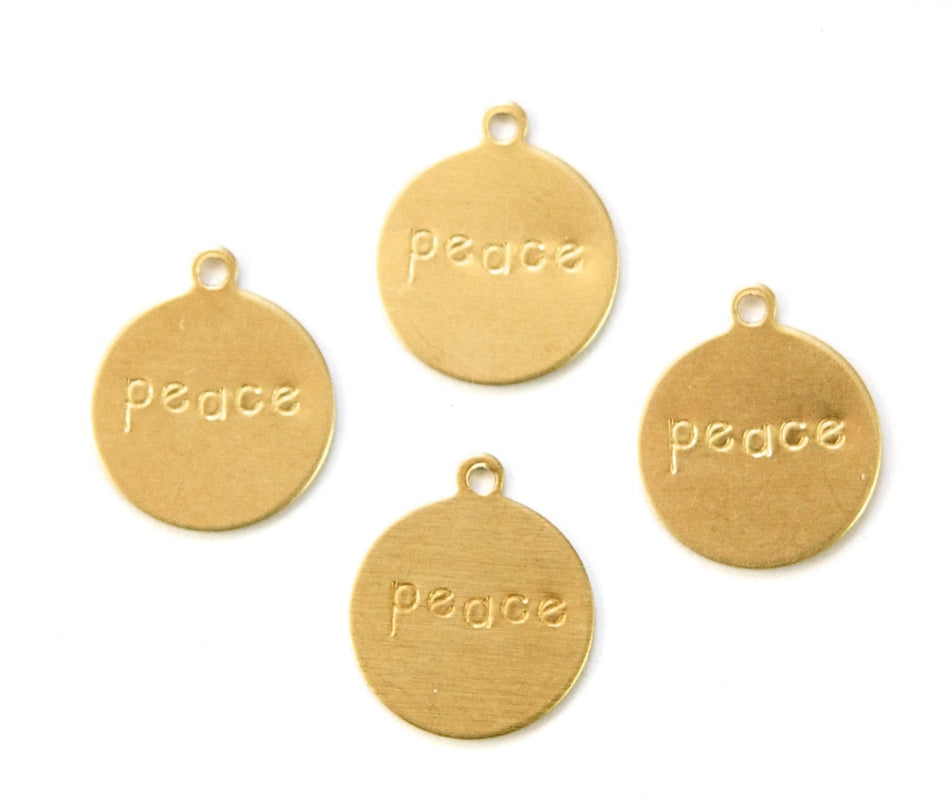 PEACE Round Raw Brass Word Charm Drop with Loop (8) chr192N