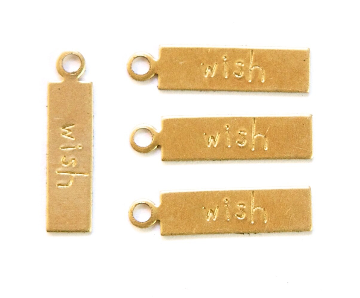 WISH Rectangle Raw Brass Word Charm Drop with Loop (8) chr193F
