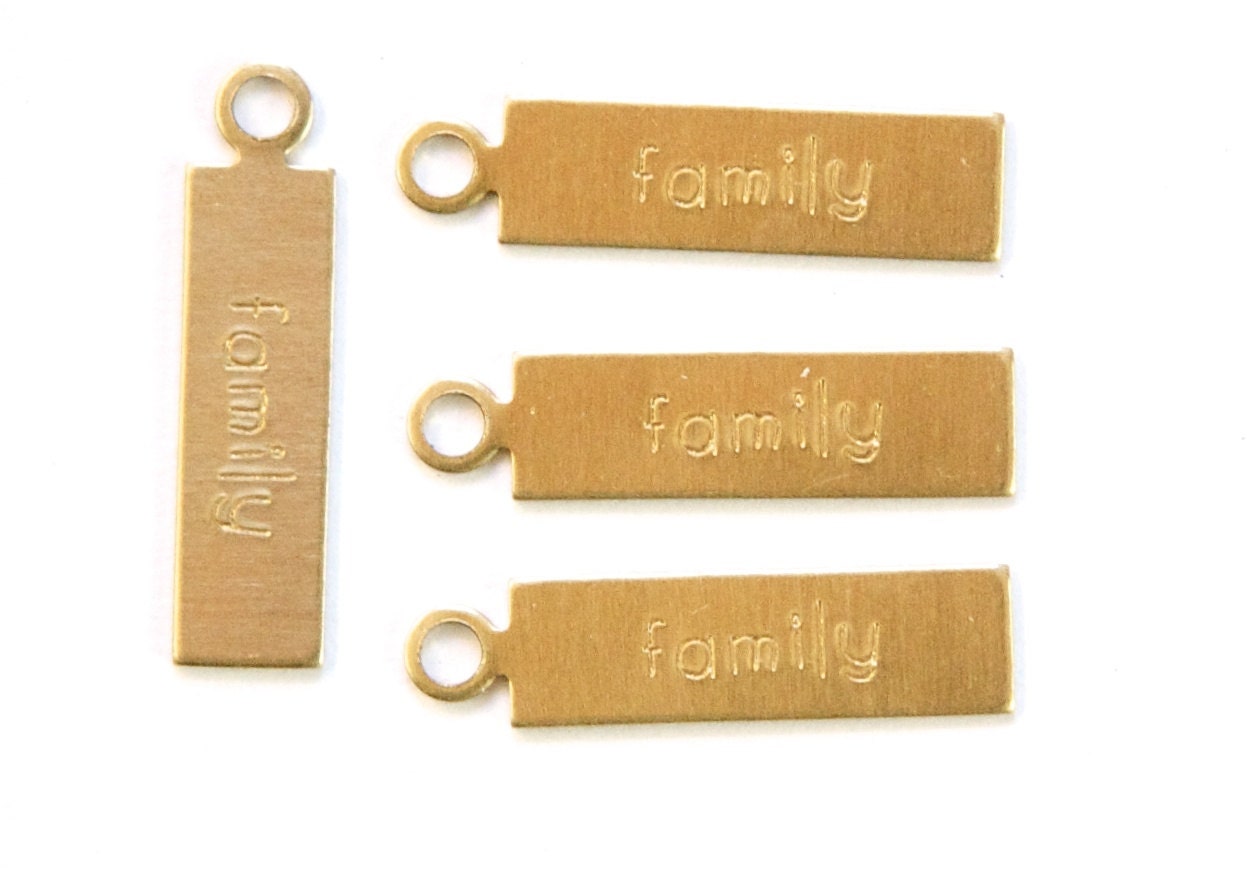 FAMILY Rectangle Raw Brass Word Charm Drop with Loop (8) chr193K