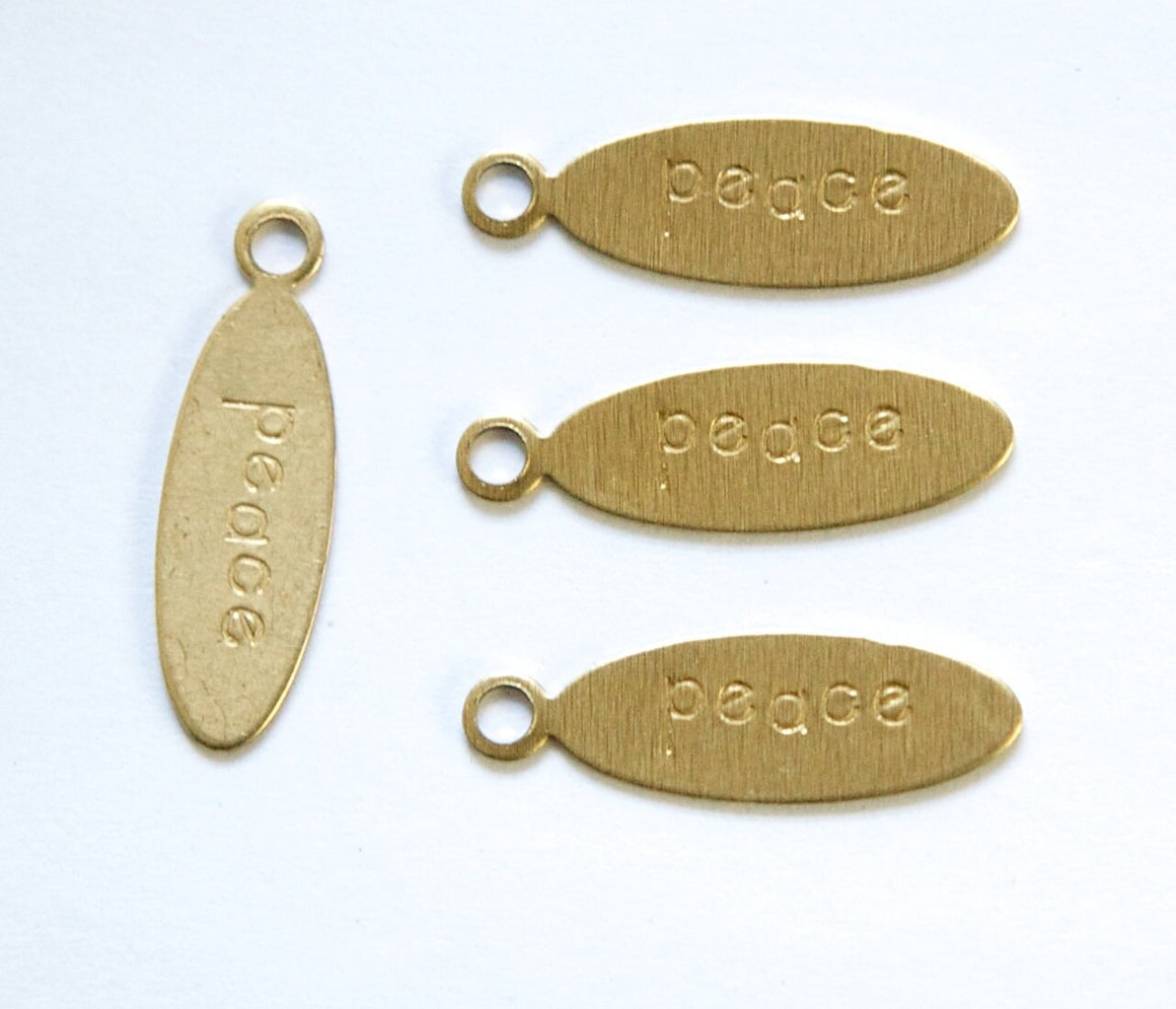 PEACE Oval Raw Brass Word Charm Drop with Loop (8) chr191Q