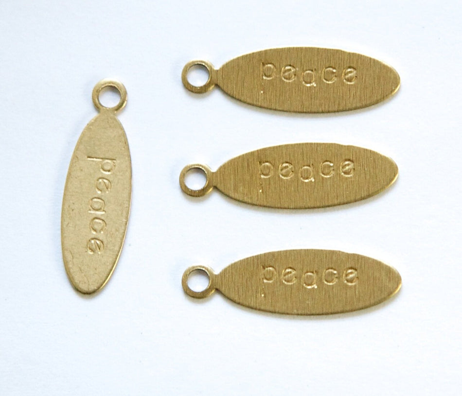 PEACE Oval Raw Brass Word Charm Drop with Loop (8) chr191Q
