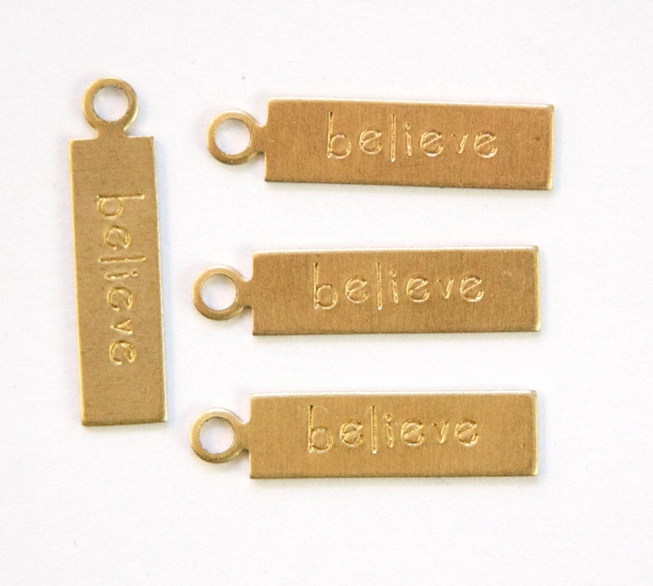 BELIEVE Rectangle Raw Brass Word Charm Drop with Loop (8) chr193M