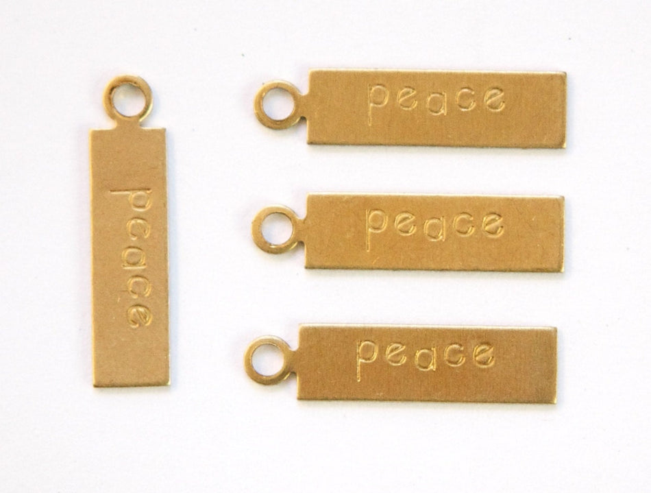 PEACE Rectangle Raw Brass Word Charm Drop with Loop (8) chr193N