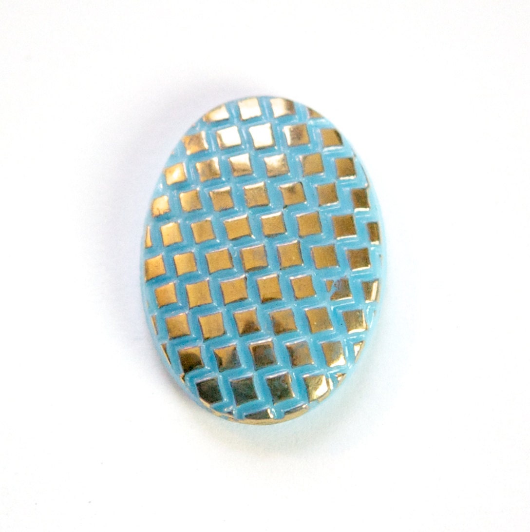 Vintage Light Blue Glass Cabochon with Checkered Gold Top 25x18mm (1) cab322B