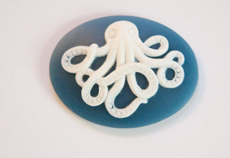 White Octopus on Blue Cameo Acrylic Cabochons 40x30mm (2) cab842L