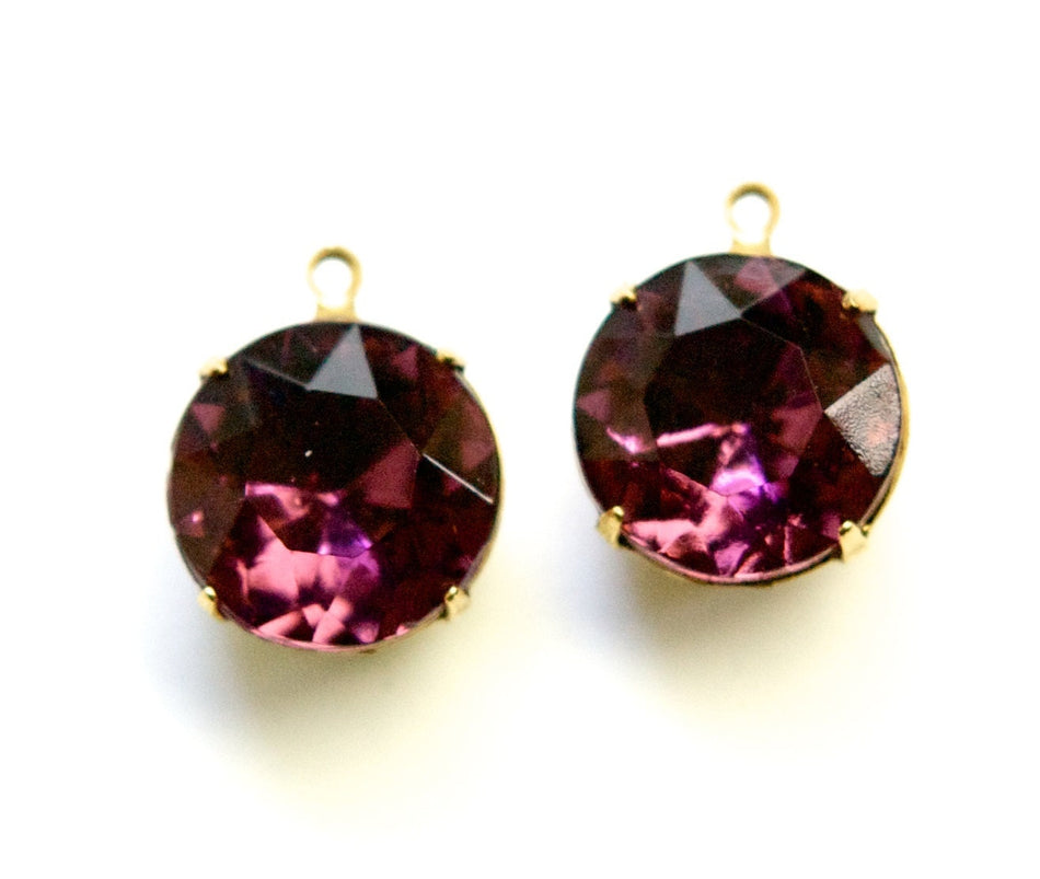 Vintage Amethyst Faceted Glass Stones 1 Loop Brass Settings 15mm rnd012G