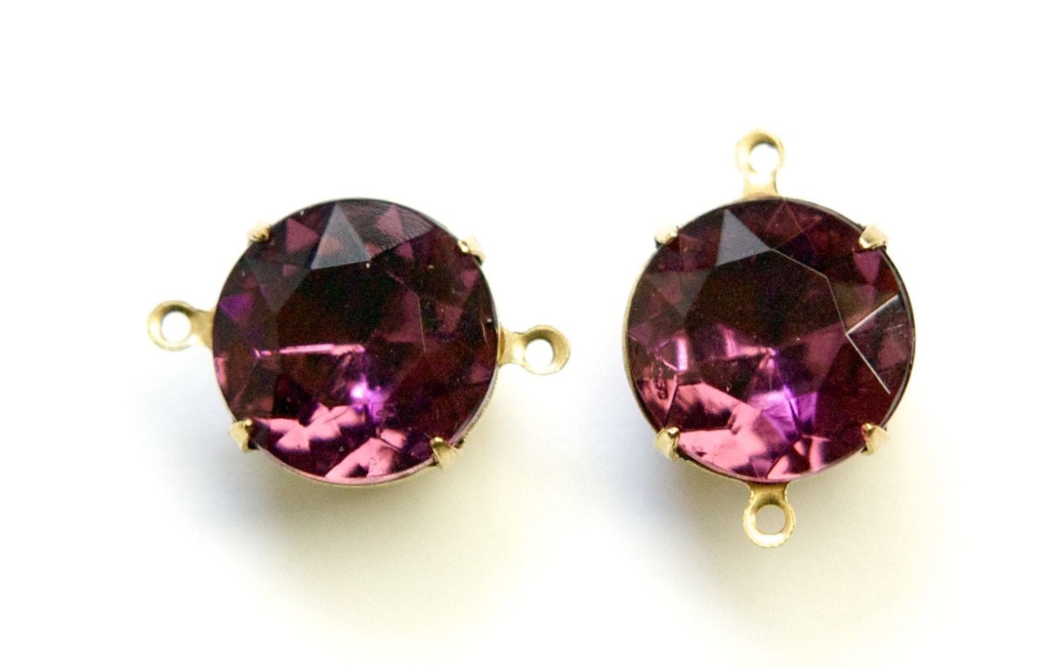 Vintage Amethyst Faceted Glass Stones 2 Loop Brass Settings 15mm rnd012G2