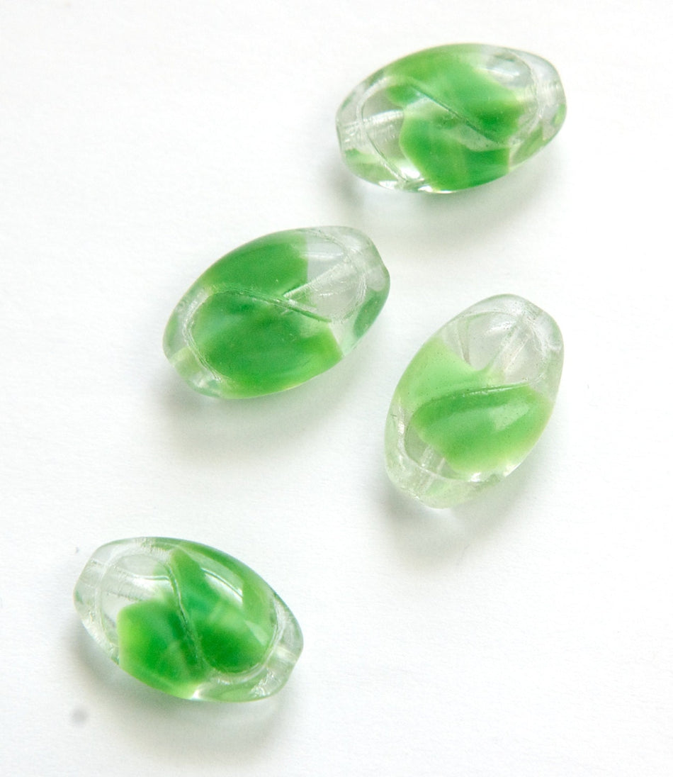 Vintage German Clear with Green Givre Etched Oval Focal Glass Beads (4) grm069A