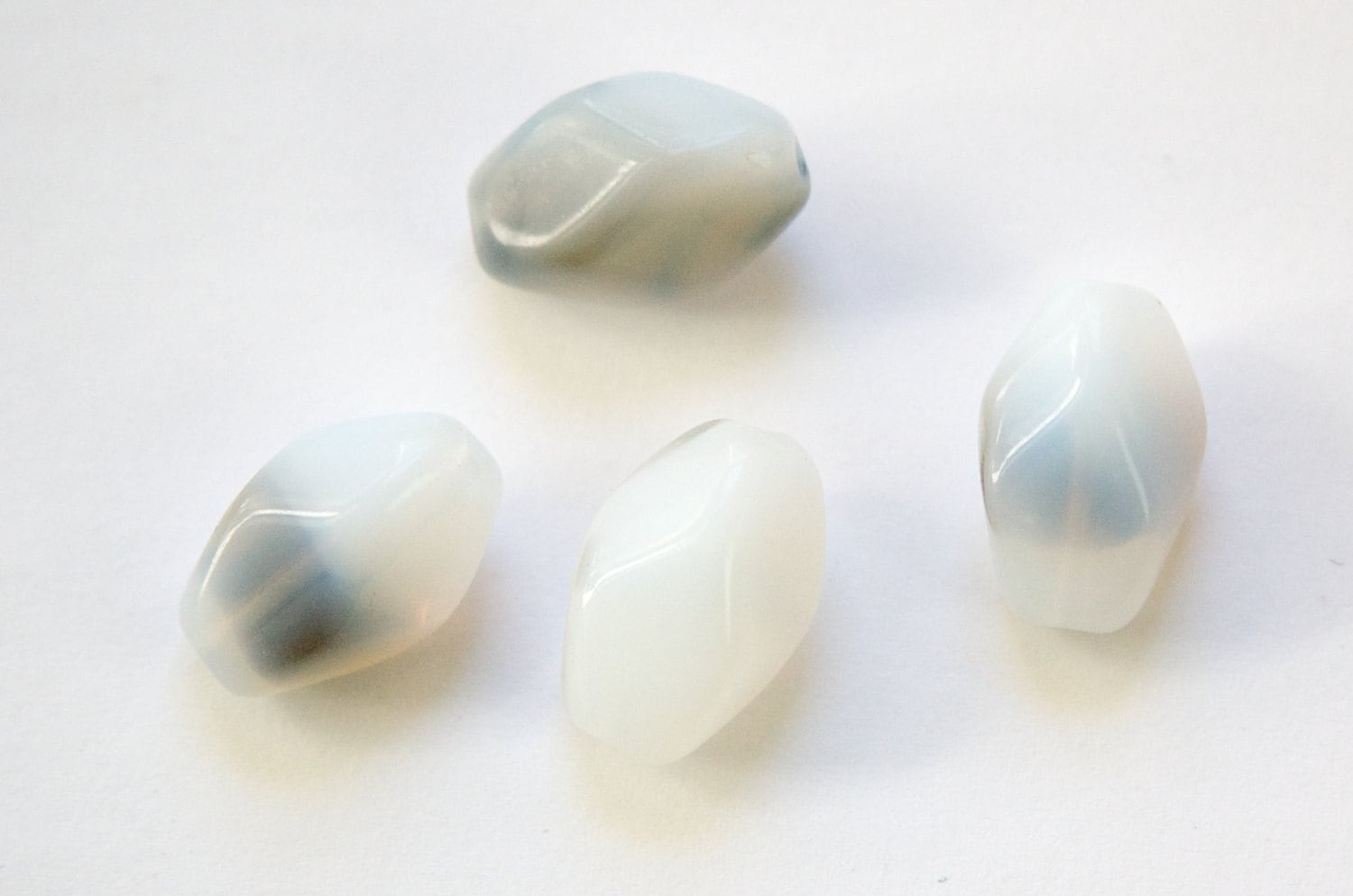 Vintage Milky White with Smokey Black Gray Pinched Oval Glass Beads (4) grm072A