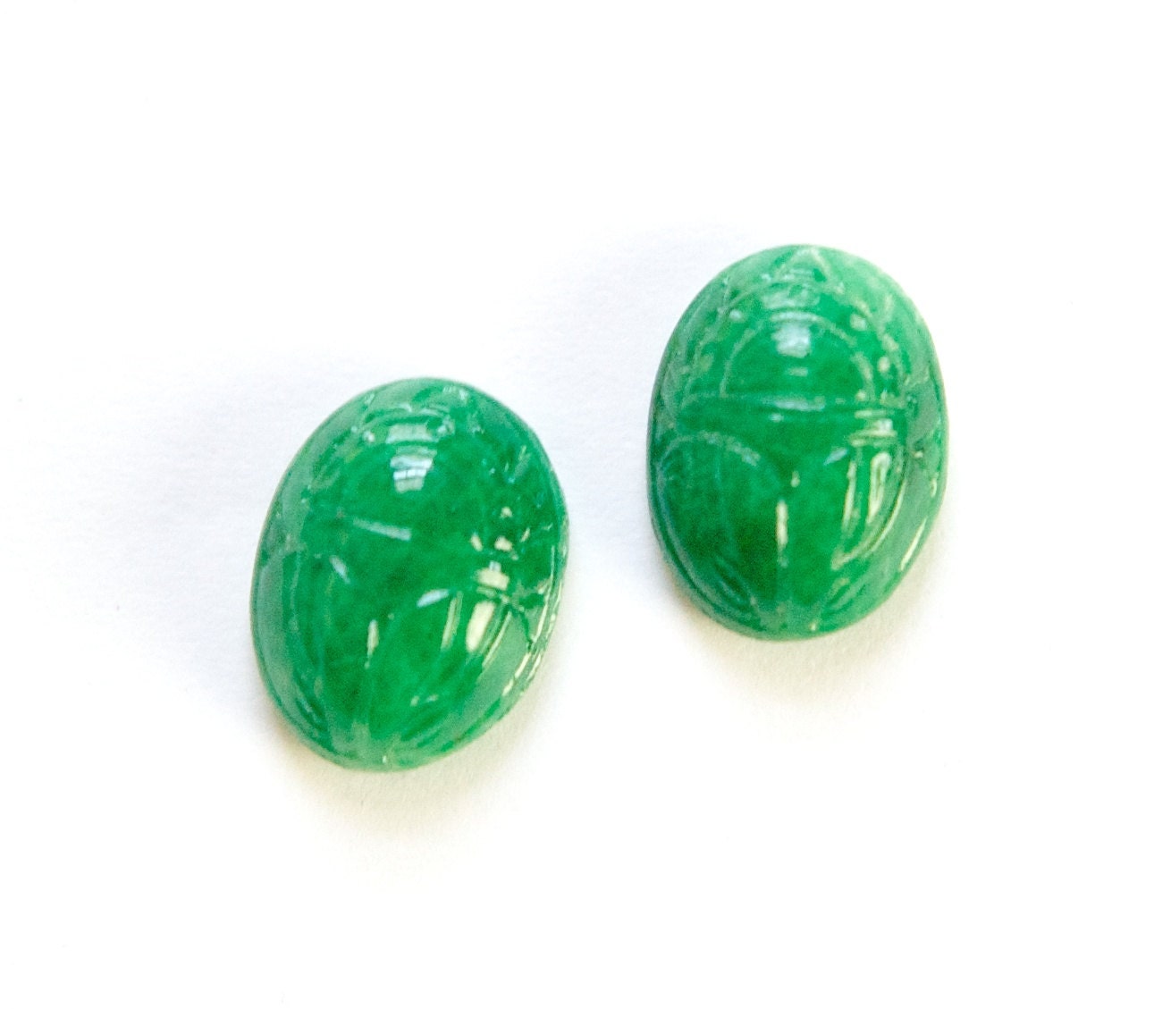 Vintage Marbled Green Scarab Glass Cabochons 16x12mm (2) cab319AF