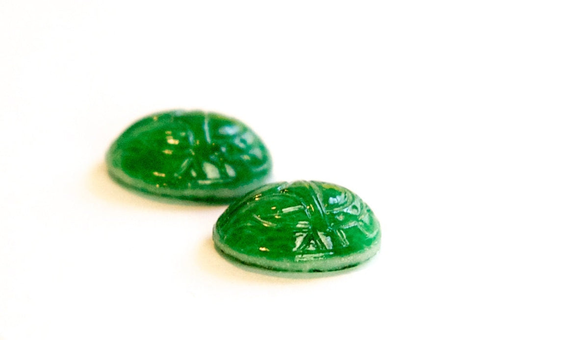 Vintage Marbled Green Scarab Glass Cabochons 16x12mm (2) cab319AF