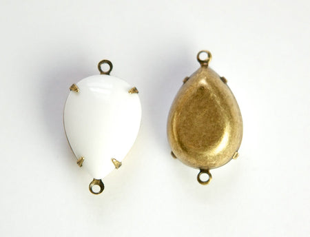 Vintage White Glass Teardrop Stones 2 Loop Brass Ox Setting 18x13mm par011LL2