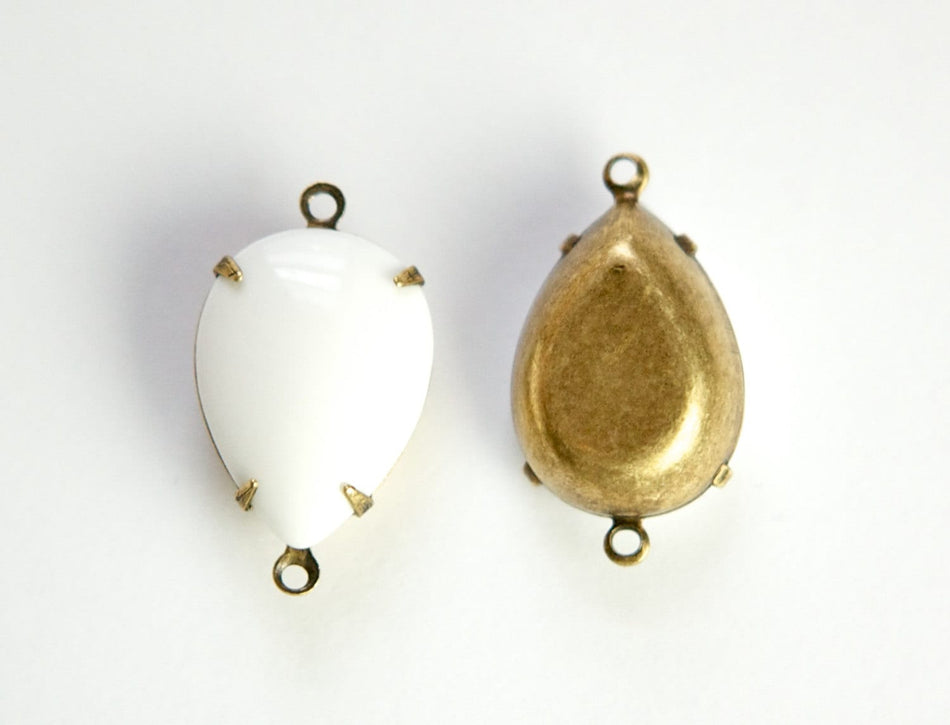 Vintage White Glass Teardrop Stones 2 Loop Brass Ox Setting 18x13mm par011LL2