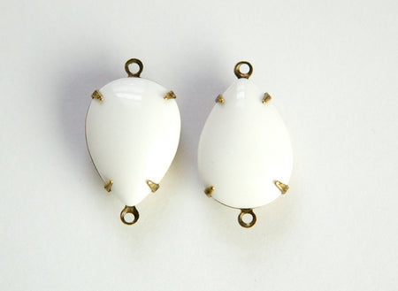 Vintage White Glass Teardrop Stones 2 Loop Brass Ox Setting 18x13mm par011LL2