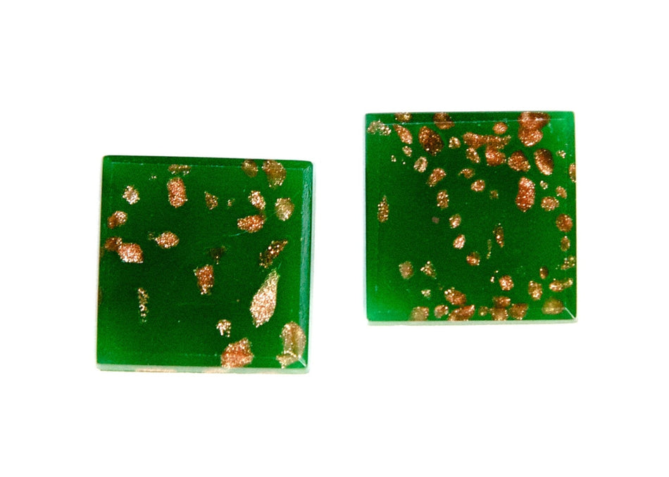 Vintage Green Glass Square Cabochons with Goldstone Inclusions (2) cab071B