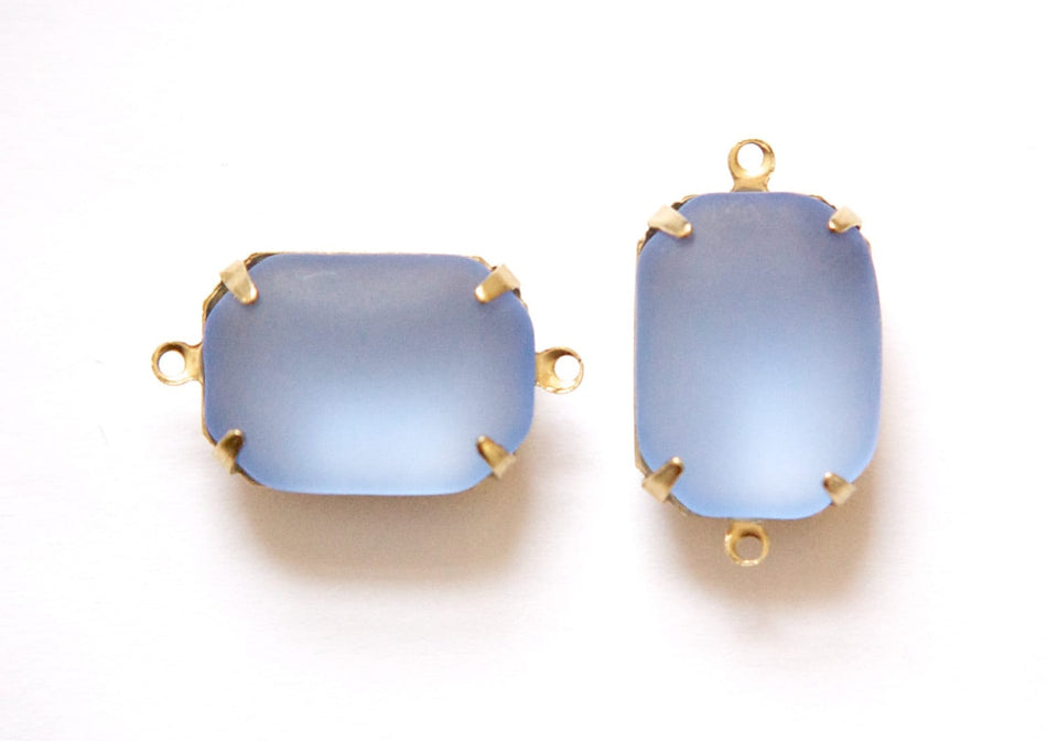 Vintage Matte Blue Glass Stones 2 Loop Brass Settings 18mm x 13mm squ004B2