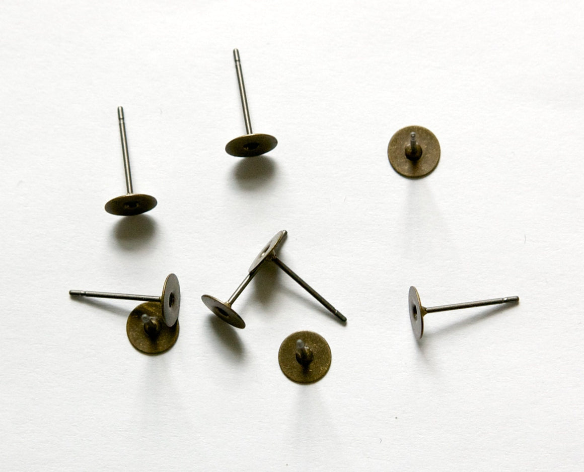 Antiqued Bronze 6mm Flat Pad Setting Earring Posts w/ Nuts (40) fnd002B