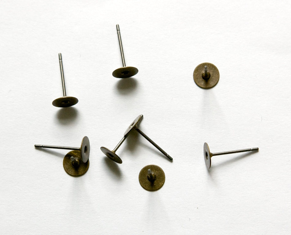 Antiqued Bronze 6mm Flat Pad Setting Earring Posts w/ Nuts (40) fnd002B