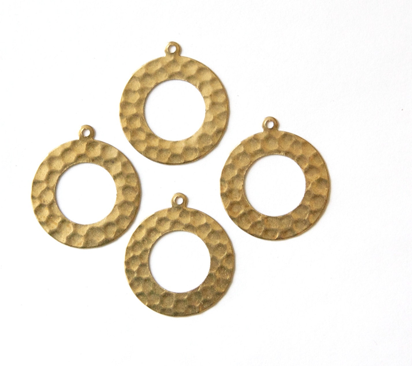1 Hole Hammered Raw Brass Open Circle with Loop Pendant Drops (4) mtl412A