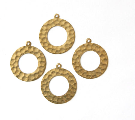 1 Hole Hammered Raw Brass Open Circle with Loop Pendant Drops (4) mtl412A