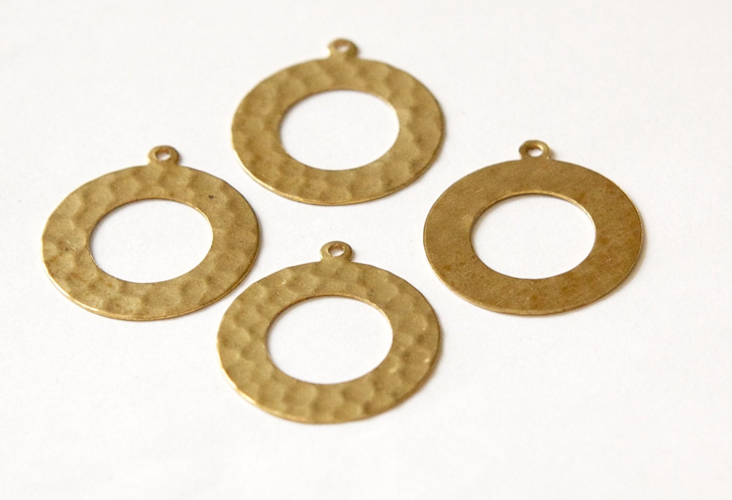 1 Hole Hammered Raw Brass Open Circle with Loop Pendant Drops (4) mtl412A