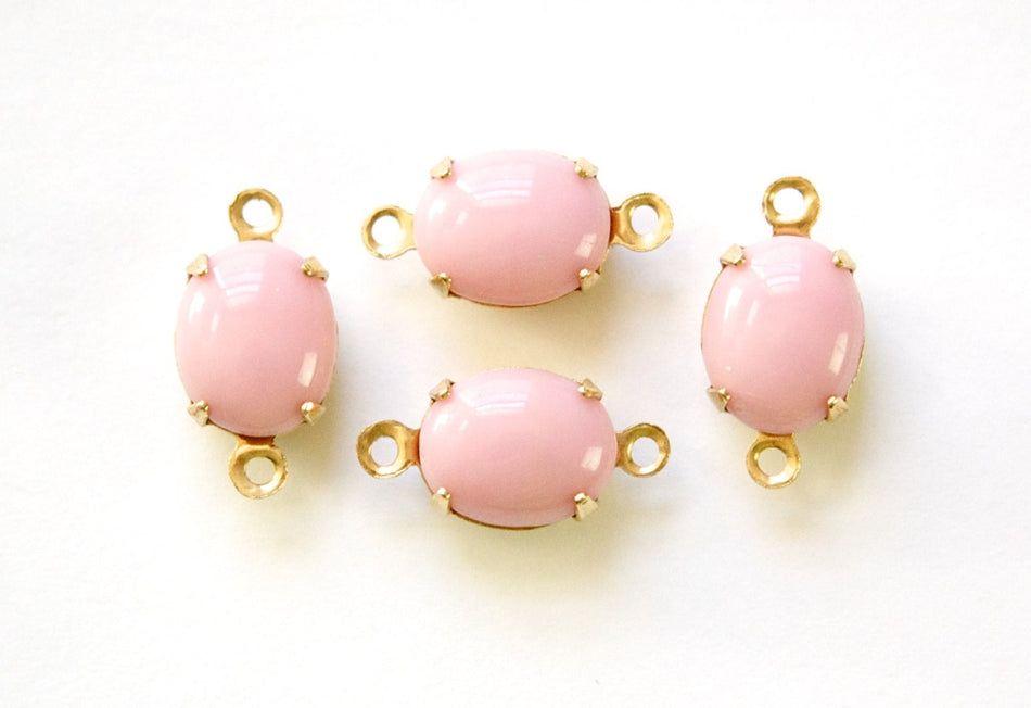 Vintage Opaque Pink Oval Stones in 2 Loop Brass Setting ovl005D2