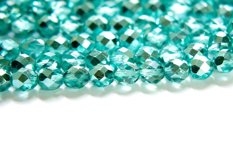 8mm Half Teal / Crystal Czech Firepolish Faceted Glass Beads (25)