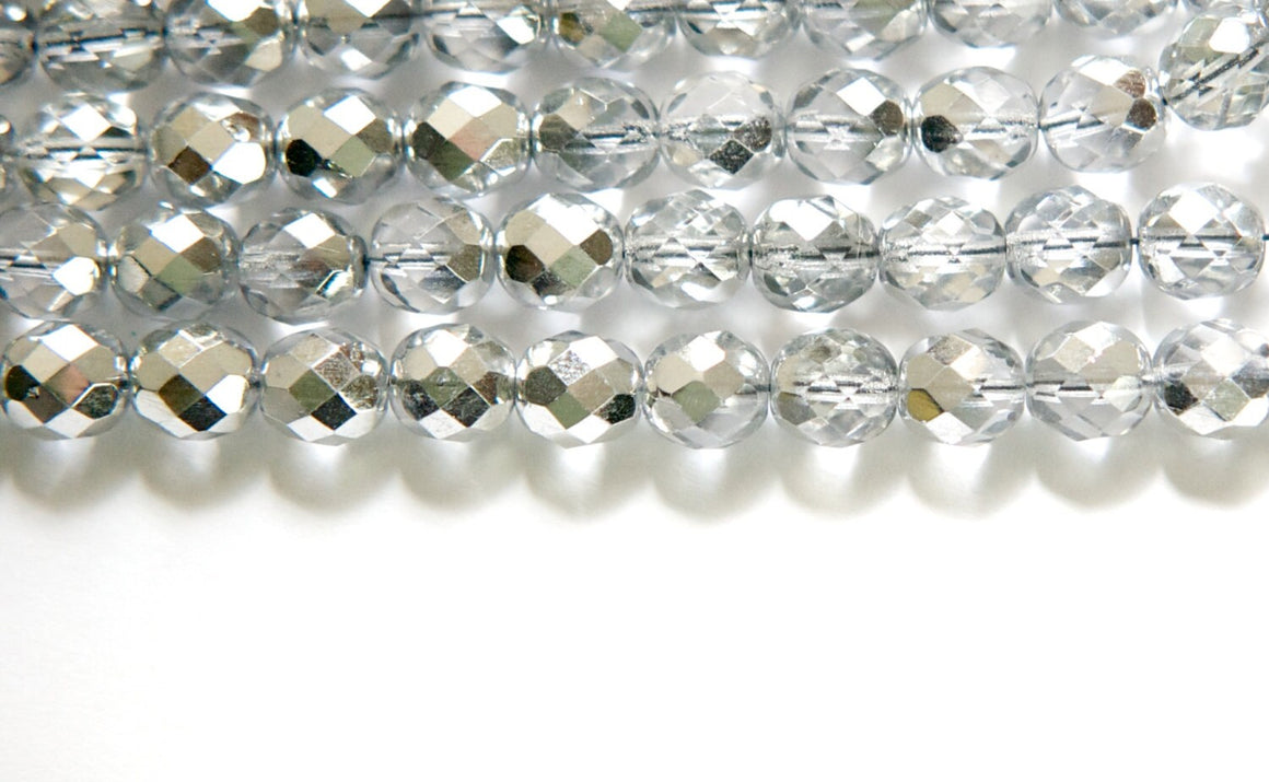 8mm Half Silver / Crystal Czech Firepolish Faceted Glass Beads (25)
