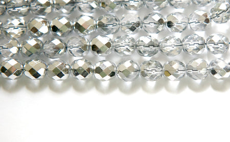 8mm Half Silver / Crystal Czech Firepolish Faceted Glass Beads (25)