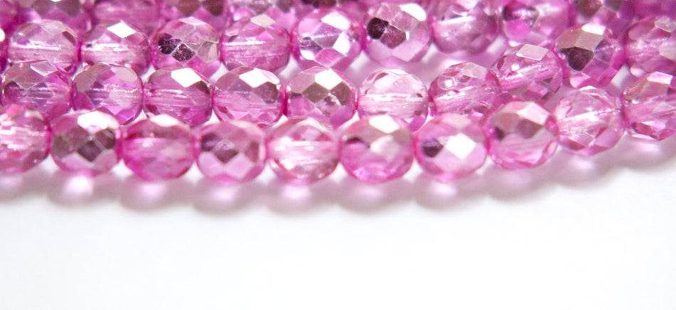 8mm Half Hot Pink / Crystal Firepolish Faceted Glass Beads (25)